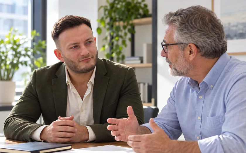 Mikail Uzun spricht mit einem erfahrenen Mitarbeiter über betriebliche Abläufe
