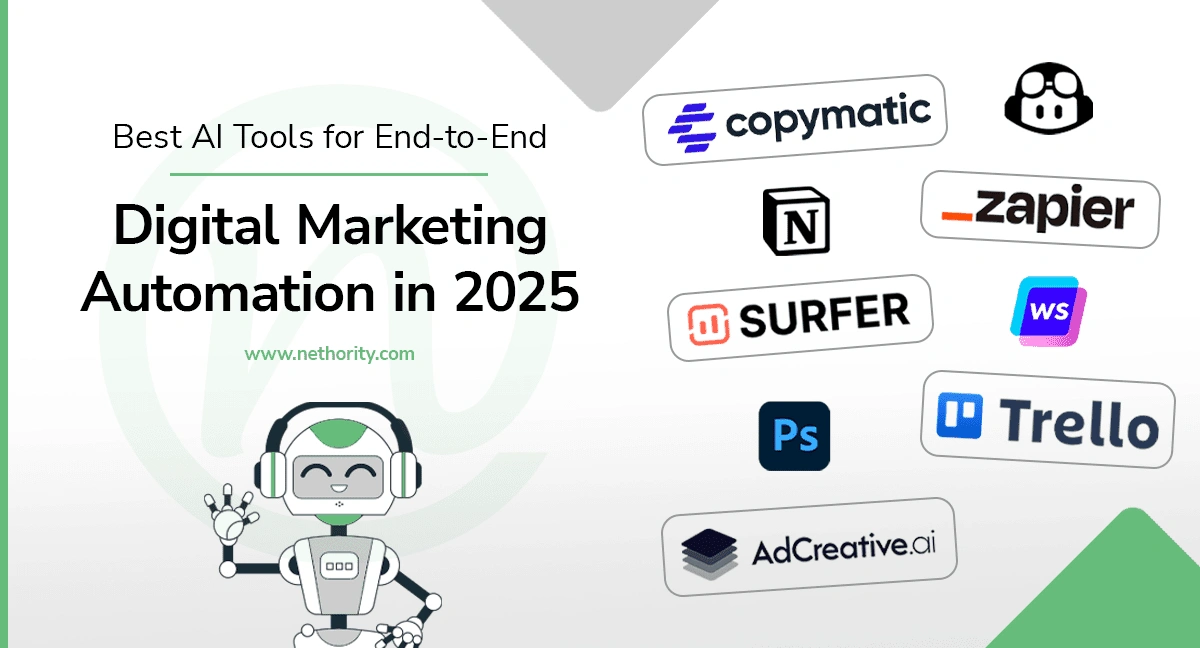 Best AI tools for digital marketing automation in 2025 including Copymatic, Zapier, Trello, Photoshop, and more logos.