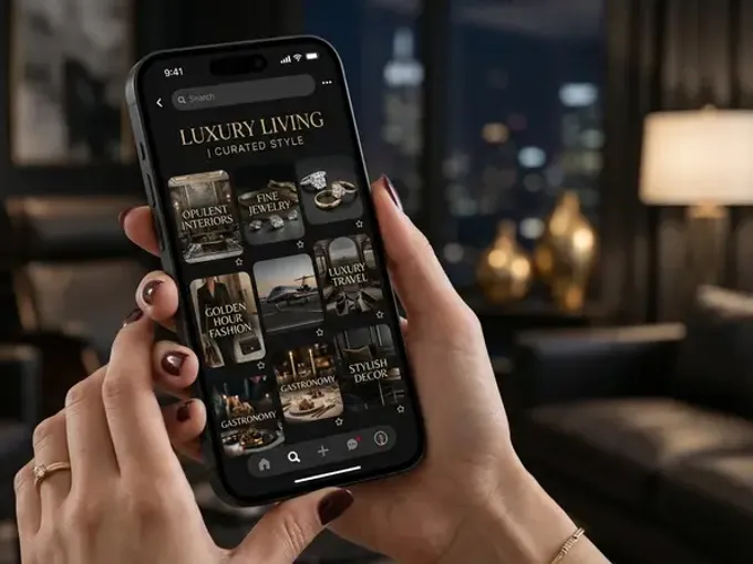Pinterest für E-Commerce: Luxury Living Pinterest Board mit kuratierten Produktkategorien auf iPhone in elegantem Ambiente