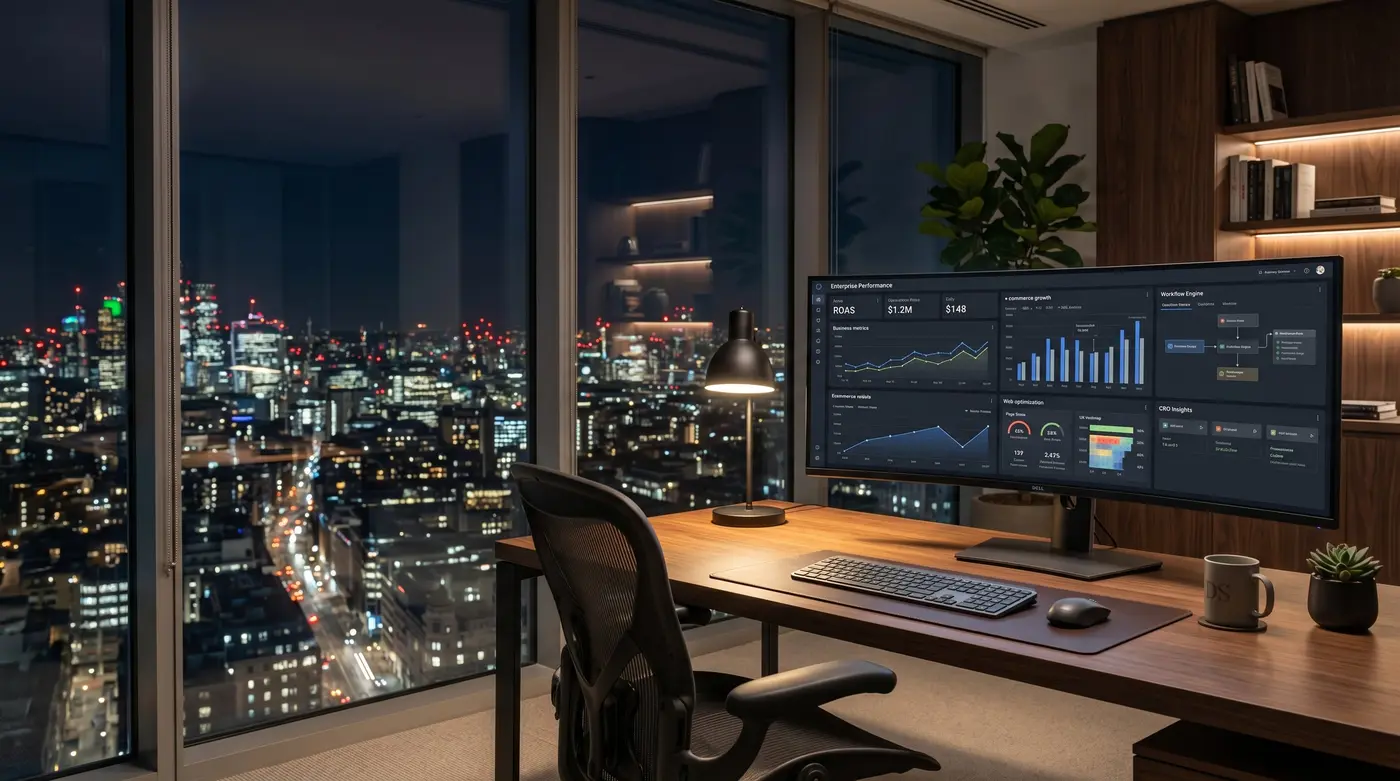 Enterprise Performance Dashboard auf Premium-Workspace mit Skyline bei Nacht