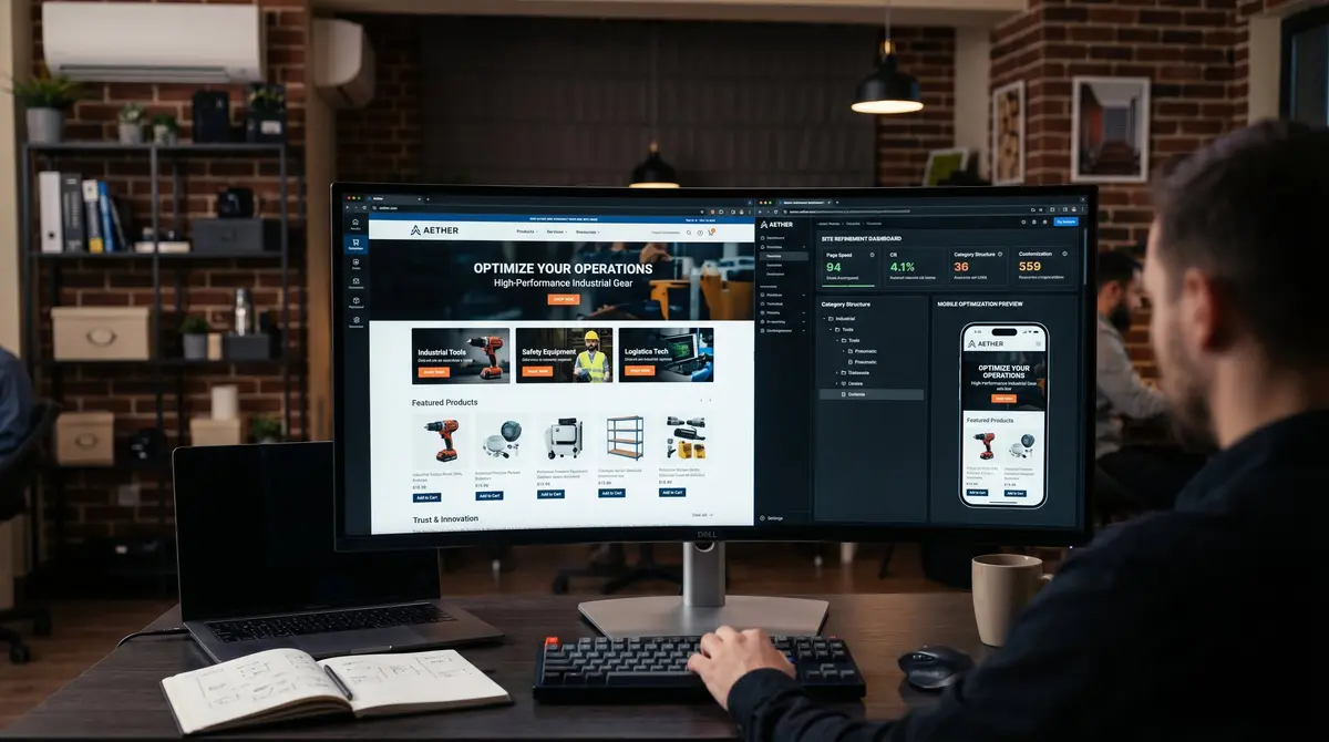 Shopify vs JTL Vergleich für den deutschen Mittelstand — E-Commerce Store auf Ultrawide-Monitor mit Produktseiten und Dashboard