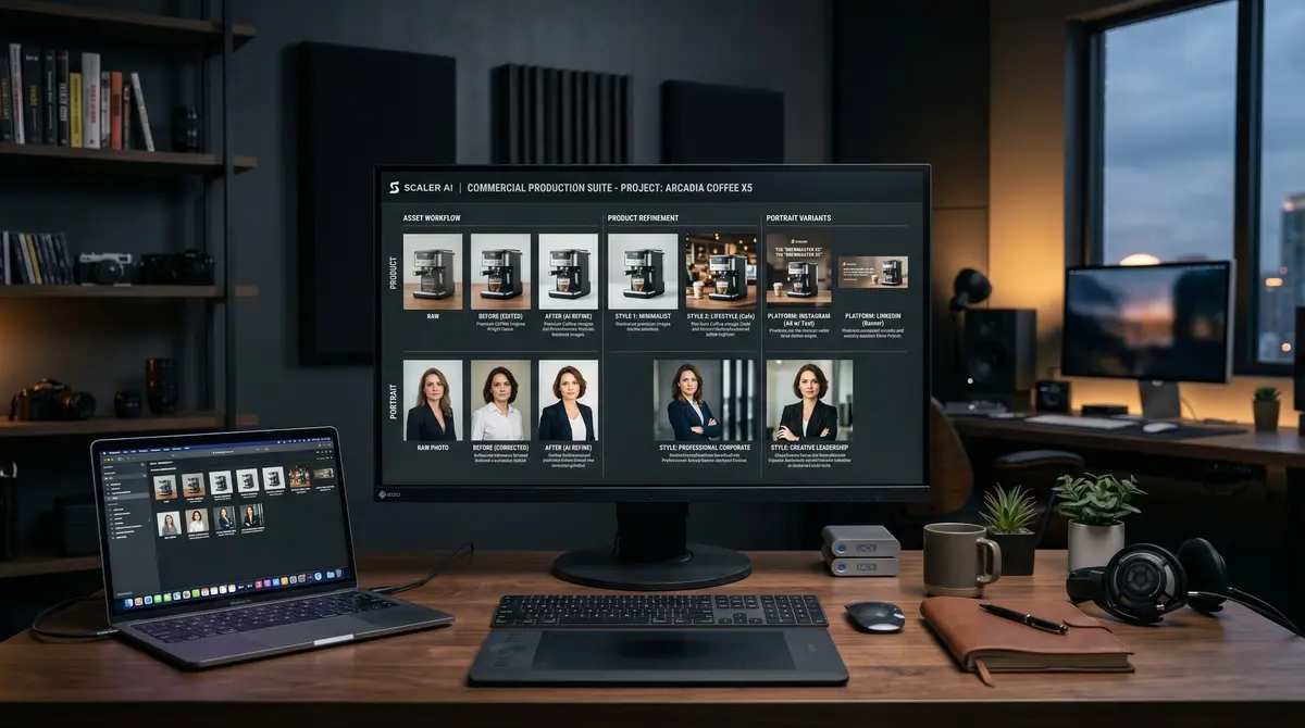 SCALER AI Commercial Production Suite — Asset Workflow, Product Refinement und Portrait Variants für skalierbare KI-Content-Produktion