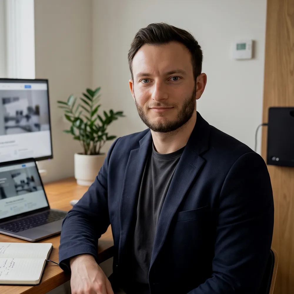Mikail Uzun, Gründer von Uzun Digital, an seinem Arbeitsplatz in Weilerswist