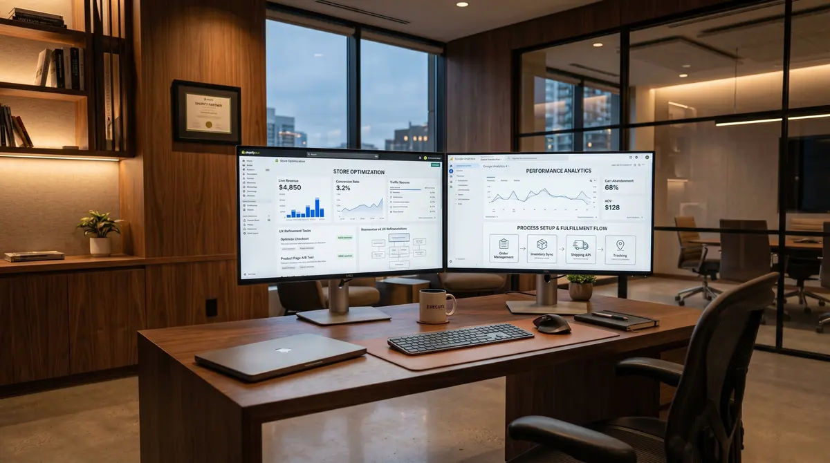 Dual-Monitor Workspace mit Shopify Store Optimization und GA4 Performance Analytics — Shopify Partner Uzun Digital