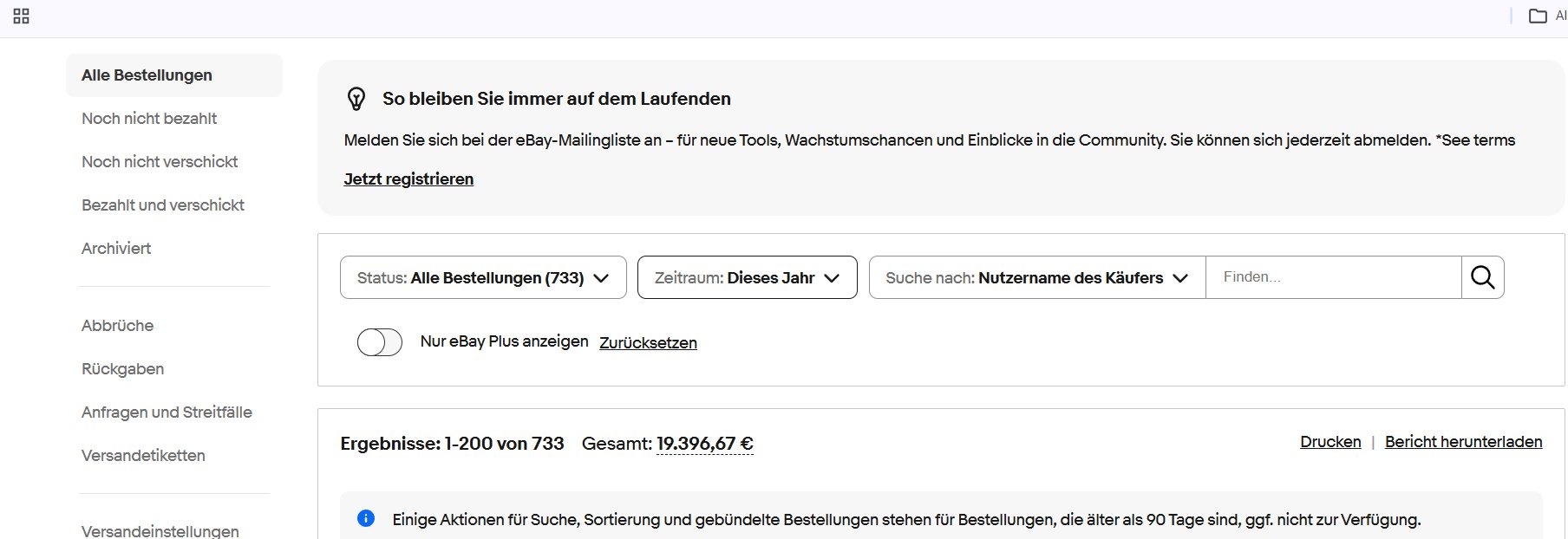 eBay Seller Hub — 733 Bestellungen, 19.396€ Umsatz im laufenden Jahr