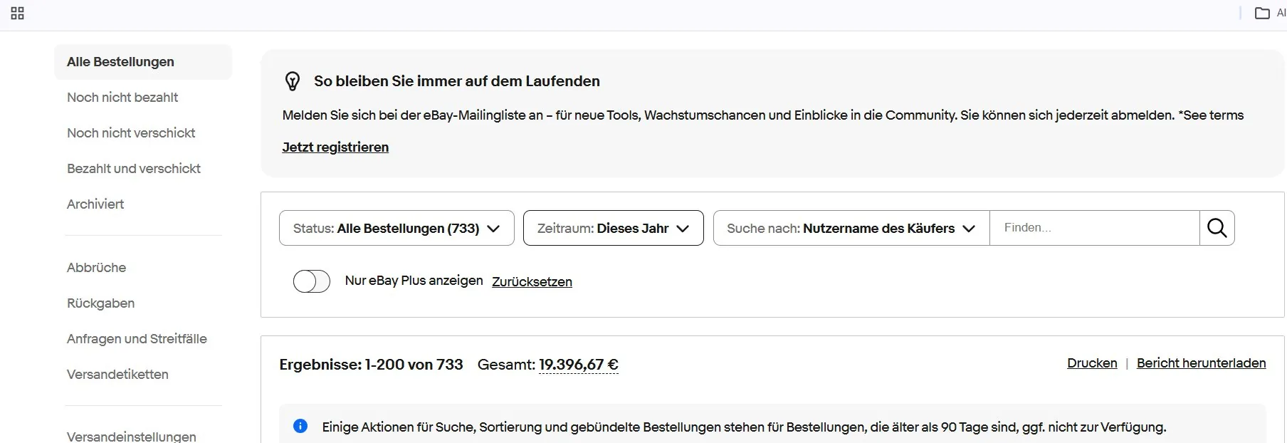 eBay Seller Hub: 733 Bestellungen, 19.396€ Umsatz im laufenden Jahr