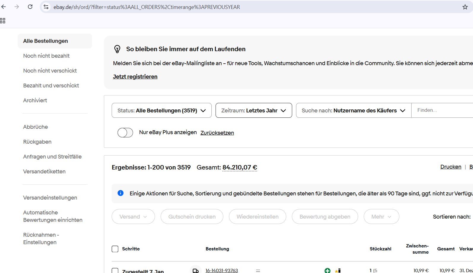 eBay Seller Hub — 3.519 Bestellungen, 84.210€ Gesamtumsatz im letzten Jahr