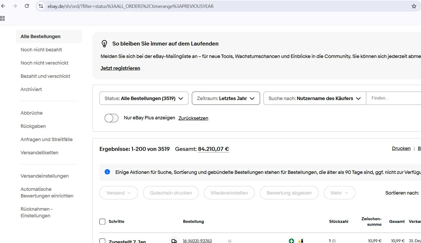 eBay Seller Hub: 3.519 Bestellungen, 84.210€ Gesamtumsatz im letzten Jahr