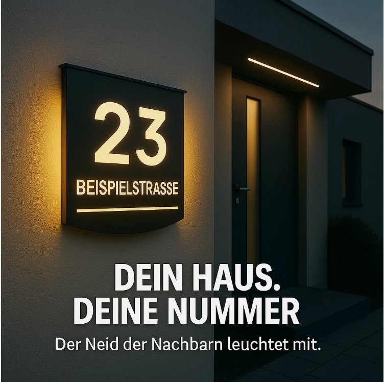 KI-generiertes Produktfoto — beleuchtete Hausnummer mit Architektur-Setting