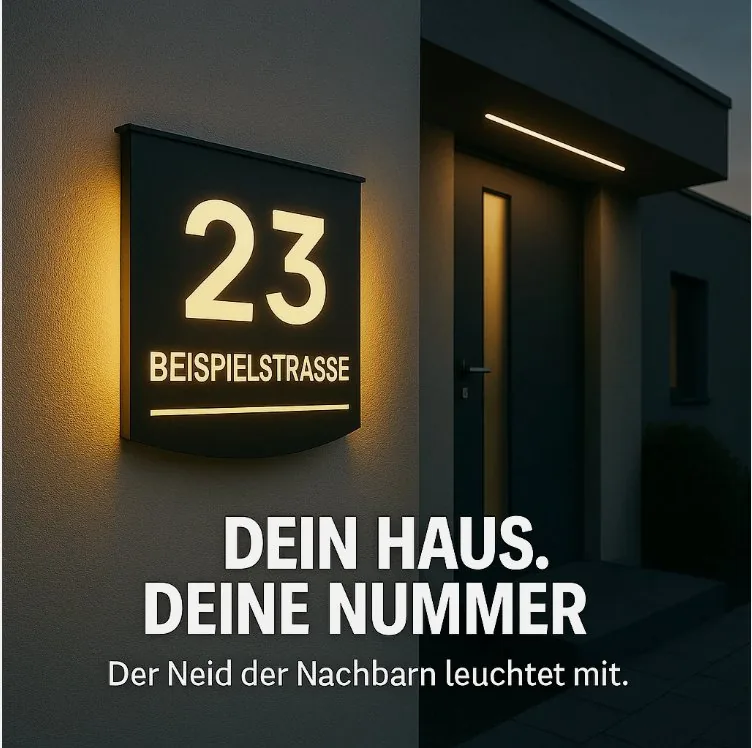 KI-generiertes Produktfoto: beleuchtete Hausnummer mit Architektur-Setting
