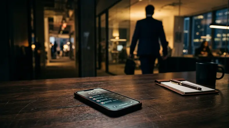 Smartphone mit verpassten Anrufen auf dunklem Schreibtisch — Geschäftsmann verlässt den Raum, verlorene Kunden