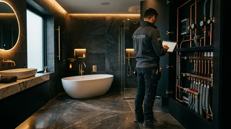 SHK-Handwerker prüft Heizungsinstallation mit Tablet — digitaler Arbeitsalltag im Handwerk