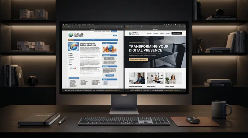 Vorher-Nachher-Vergleich: veraltete Website mit 0,7% Conversion vs. modernes Redesign mit 3,4% Conversion Rate
