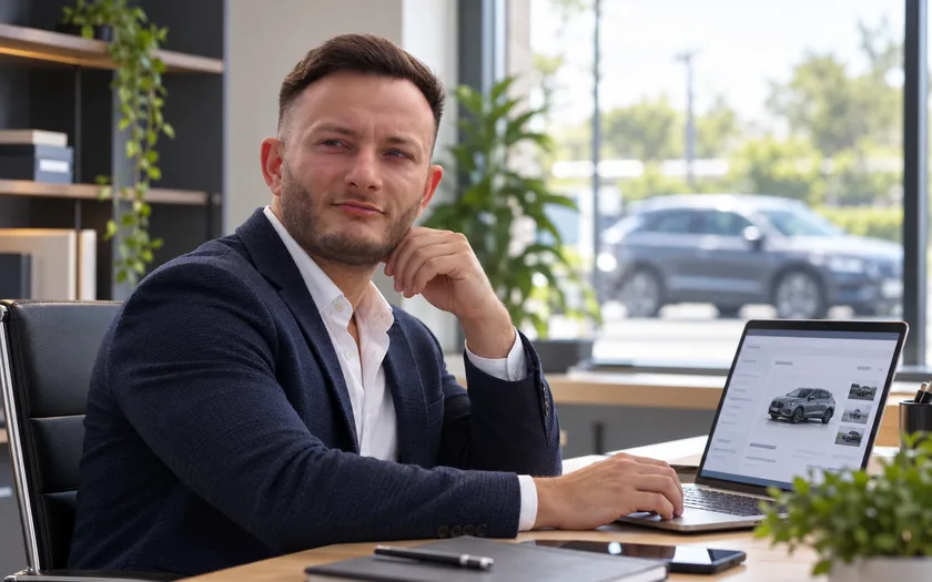 Mikail Uzun prüft am Laptop einen automatisierten Abgleich von Fahrzeugsuchaufträgen