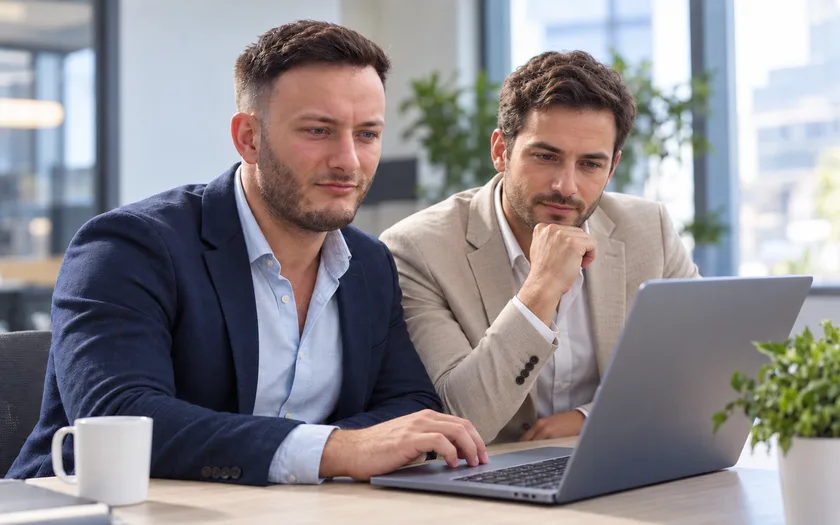 Mikail Uzun und ein Kollege prüfen gemeinsam einen Geschäftsprozess am Laptop