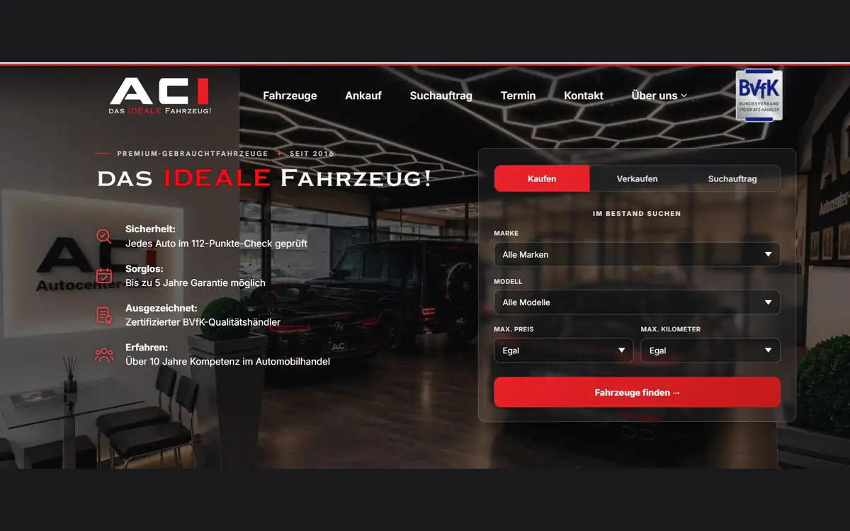 ACI Autocenter Ideal: Website mit durchsuchbarem Fahrzeugbestand und automatischem Suchauftragsmatching für einen Gebrauchtwagenhändler, entwickelt von Uzun Digital