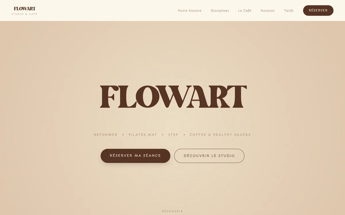 FlowArt Studio & Café — Website mit Online-Buchung für ein Pilates-Reformer-Studio mit Café in Roubaix, entwickelt von Uzun Digital