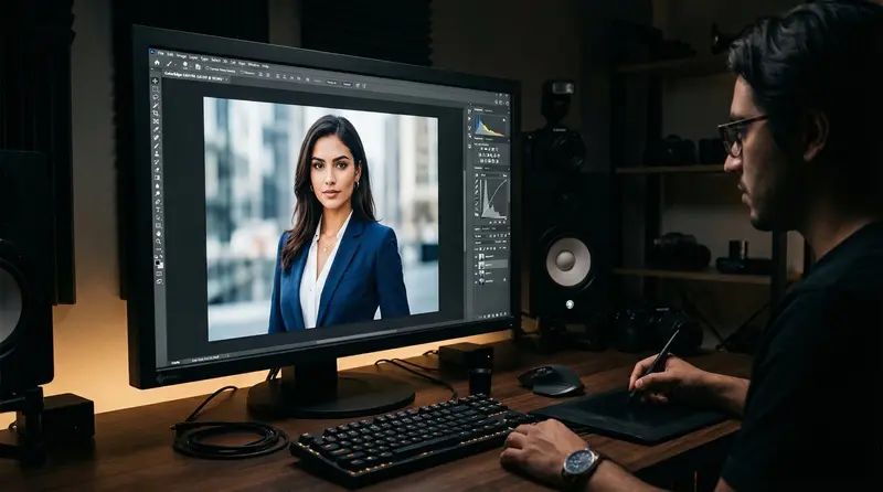 Designer bearbeitet KI-generiertes Business-Portrait am Eizo-Monitor in dunklem Studio