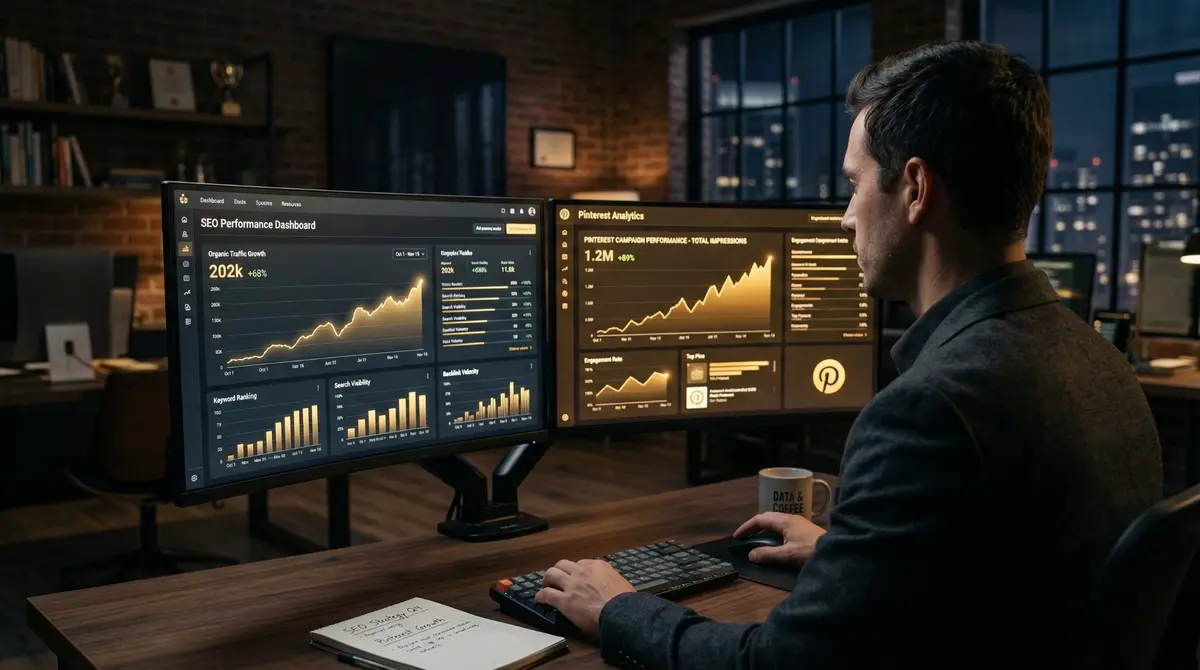 SEO Performance Dashboard und Pinterest Analytics auf Dual-Monitor Setup — organisches Traffic-Wachstum
