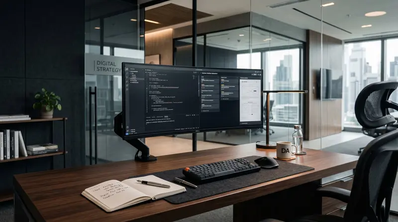 Code-Editor mit Workflow Automation und Wireframe — Digital Strategy Workspace von Uzun Digital