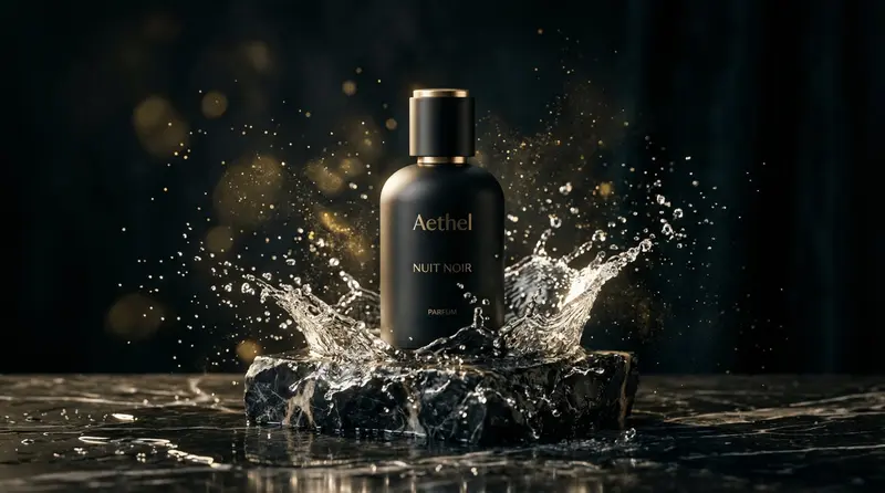 KI-generiertes Luxury-Produktfoto — Aethel Nuit Noir Parfum mit Wasserspritzer auf dunklem Marmor