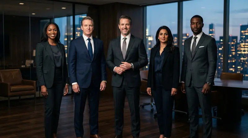 KI-generiertes professionelles Teamfoto — fünf Business-Profis im Premium-Büro mit Skyline