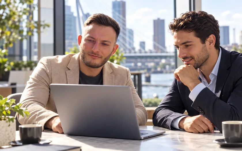 Mikail Uzun bespricht mit einem Mann die Buchungsfunktion einer Website