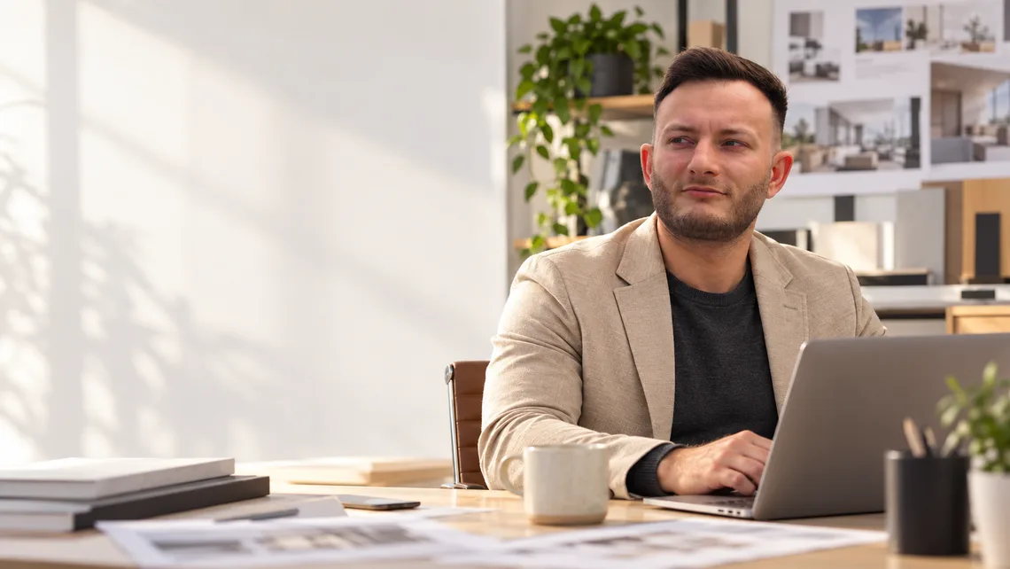 Mikail Uzun plant eine Unternehmenswebsite am Laptop