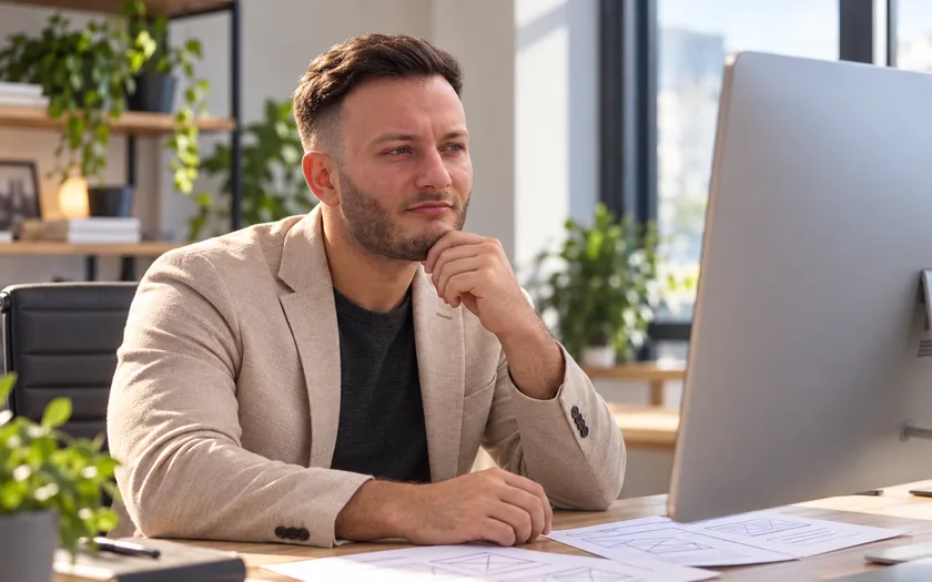 Mikail Uzun prüft die Struktur einer Unternehmenswebsite am Arbeitsplatz
