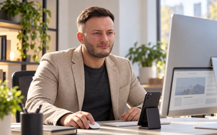 Mikail Uzun prüft eine Unternehmenswebsite auf Desktop und Smartphone